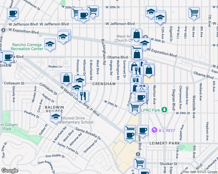 map of restaurants, bars, coffee shops, grocery stores, and more near 3749 Virginia Road in Los Angeles