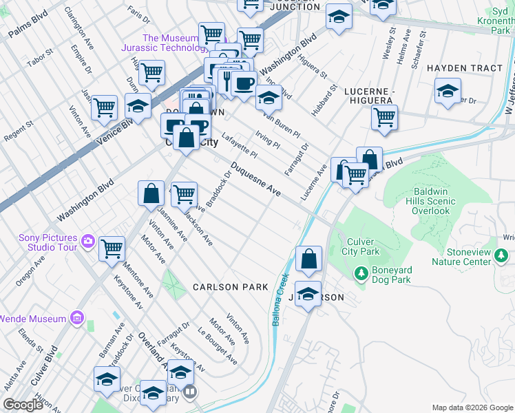 map of restaurants, bars, coffee shops, grocery stores, and more near 4185 Duquesne Avenue in Culver City
