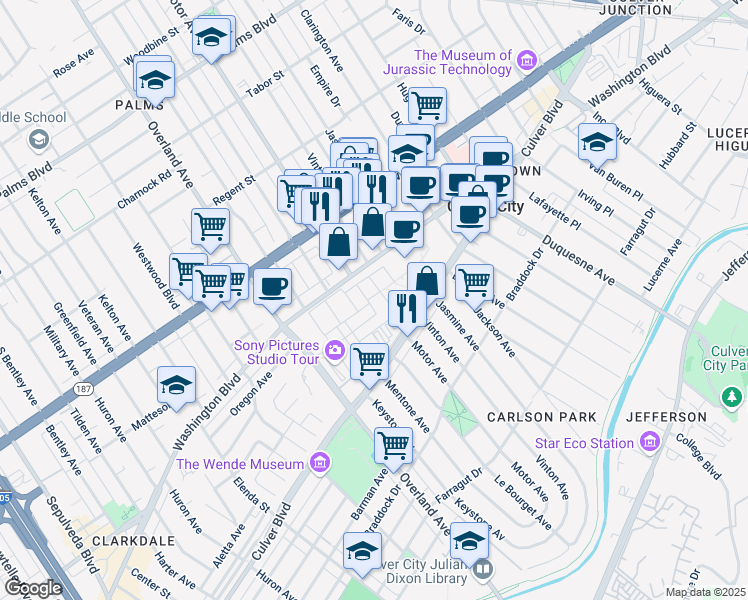 map of restaurants, bars, coffee shops, grocery stores, and more near 10202 Washington Boulevard in Culver City
