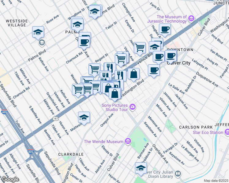 map of restaurants, bars, coffee shops, grocery stores, and more near 3835 1/4 Keystone Avenue in Culver City