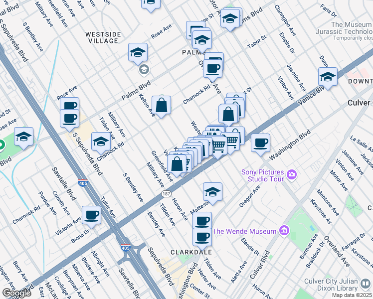 map of restaurants, bars, coffee shops, grocery stores, and more near 3671 Midvale Avenue in Los Angeles