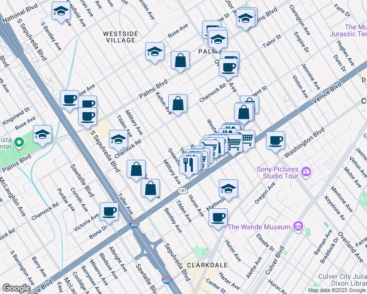 map of restaurants, bars, coffee shops, grocery stores, and more near 3648 Veteran Avenue in Los Angeles