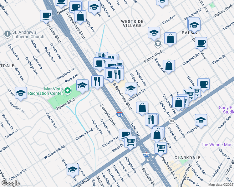 map of restaurants, bars, coffee shops, grocery stores, and more near 3517 South Sepulveda Boulevard in Los Angeles