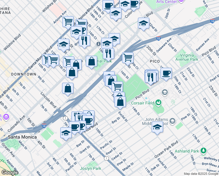 map of restaurants, bars, coffee shops, grocery stores, and more near in Santa Monica