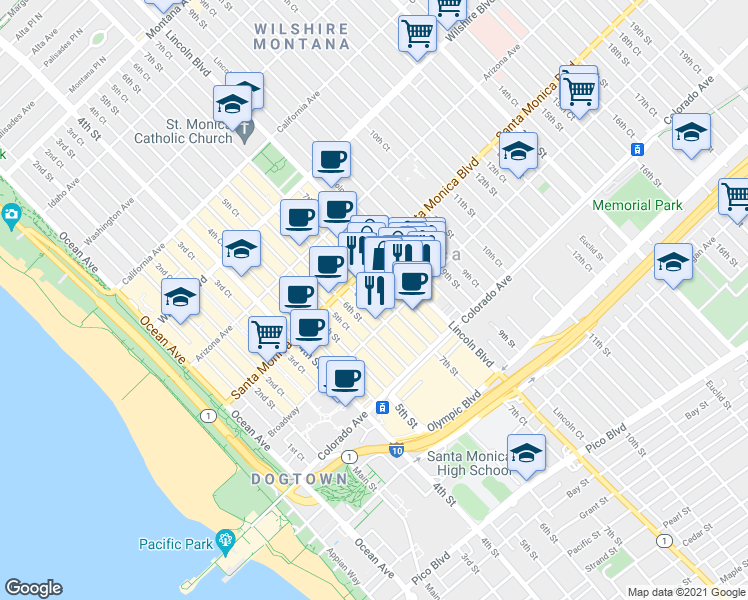 map of restaurants, bars, coffee shops, grocery stores, and more near 1432 Lincoln Boulevard in Santa Monica
