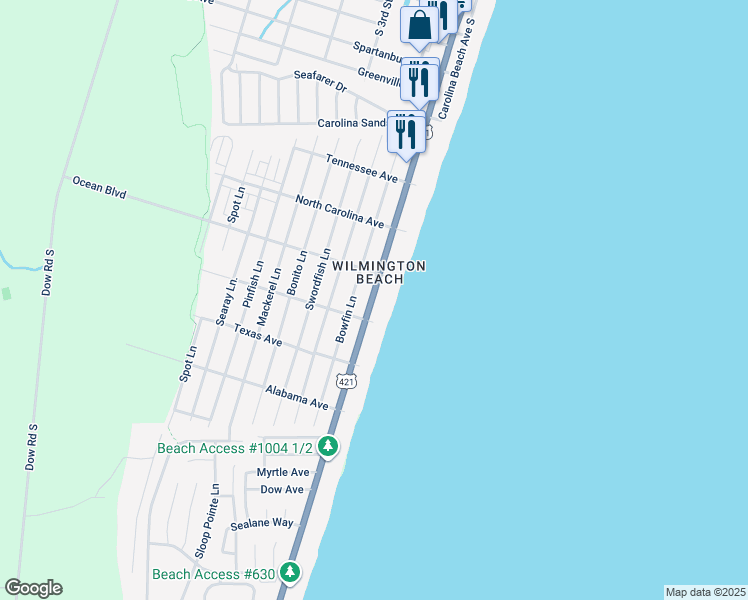 map of restaurants, bars, coffee shops, grocery stores, and more near 1405 Bowfin Lane in Carolina Beach