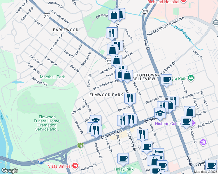 map of restaurants, bars, coffee shops, grocery stores, and more near 1027 Confederate Avenue in Columbia