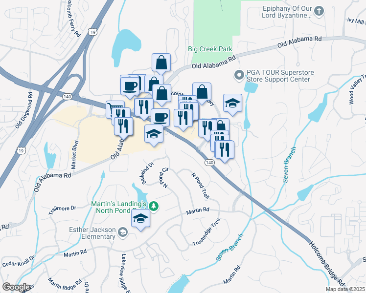 map of restaurants, bars, coffee shops, grocery stores, and more near 755 Waterbrook Terrace in Roswell