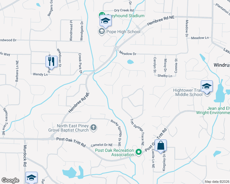 map of restaurants, bars, coffee shops, grocery stores, and more near 2720 Sudbury Trce Northeast in Marietta