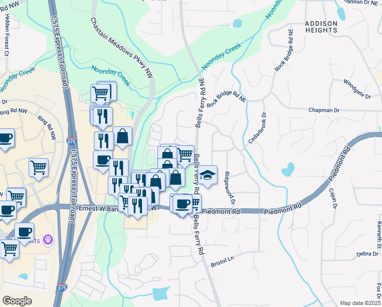 map of restaurants, bars, coffee shops, grocery stores, and more near 174 The Vintage Club in Marietta