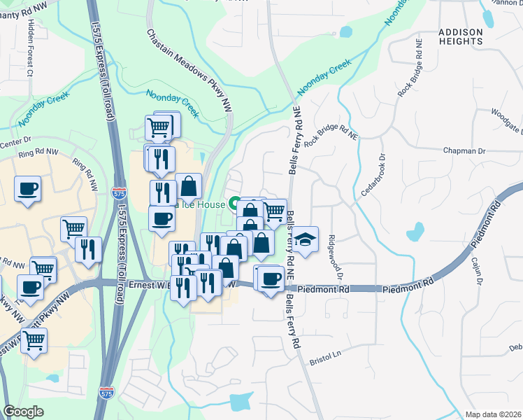 map of restaurants, bars, coffee shops, grocery stores, and more near 10 Hardpan Alley in Marietta