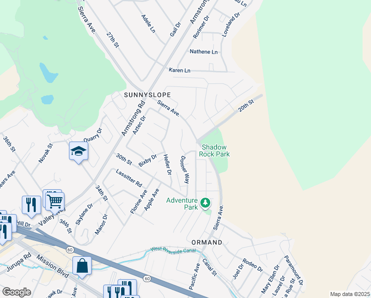 map of restaurants, bars, coffee shops, grocery stores, and more near 2831 Donner Way in Riverside