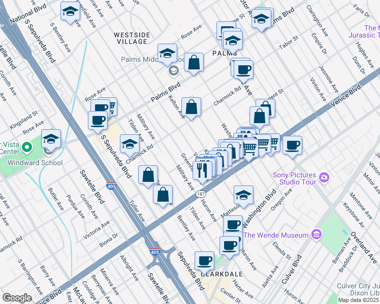 map of restaurants, bars, coffee shops, grocery stores, and more near 3648 Veteran Avenue in Los Angeles