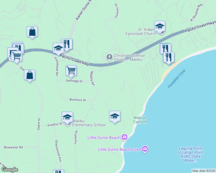 map of restaurants, bars, coffee shops, grocery stores, and more near 6708 Wildlife Road in Malibu