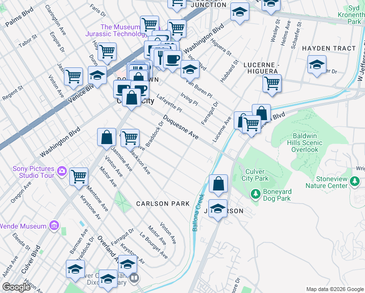 map of restaurants, bars, coffee shops, grocery stores, and more near 4185 Duquesne Avenue in Culver City