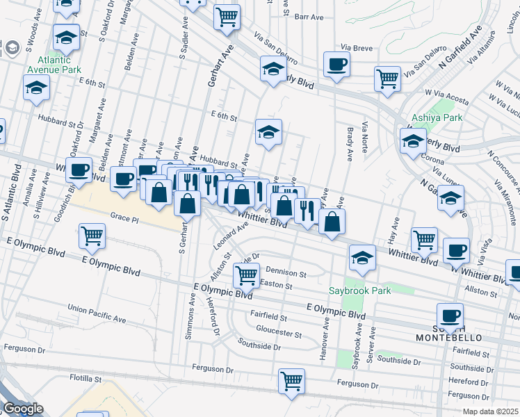map of restaurants, bars, coffee shops, grocery stores, and more near 5949 Whittier Boulevard in Los Angeles