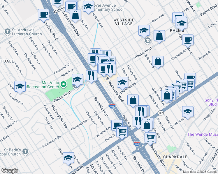 map of restaurants, bars, coffee shops, grocery stores, and more near 11160 Westminster Avenue in Los Angeles