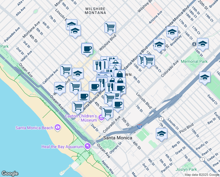 map of restaurants, bars, coffee shops, grocery stores, and more near 620 West Historic Route 66 in Santa Monica