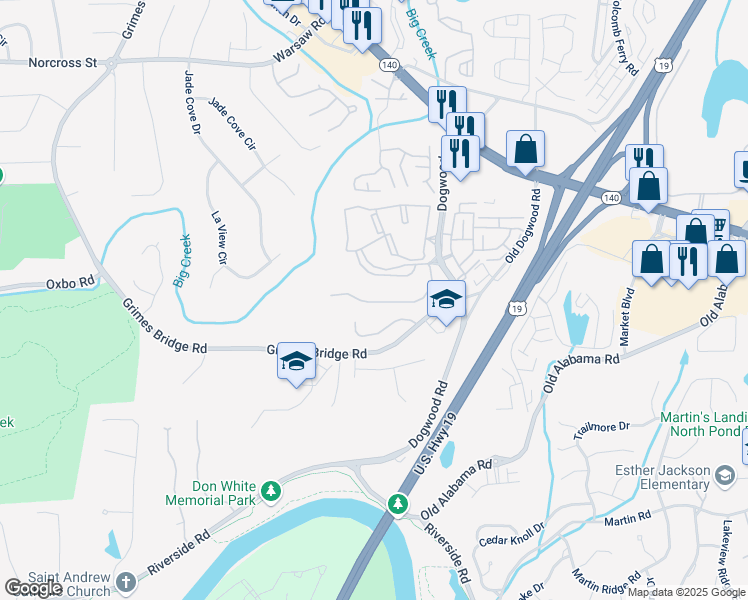 map of restaurants, bars, coffee shops, grocery stores, and more near 2735 Hemingway Ln in Roswell