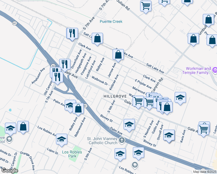 map of restaurants, bars, coffee shops, grocery stores, and more near 14920 Walbrook Drive in Hacienda Heights