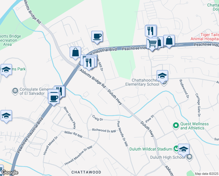 map of restaurants, bars, coffee shops, grocery stores, and more near 4113 River Mill Drive in Duluth