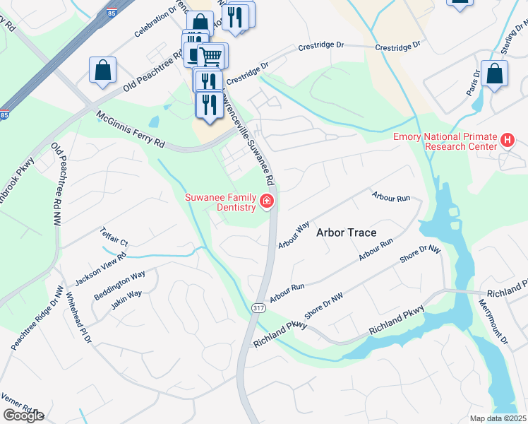 map of restaurants, bars, coffee shops, grocery stores, and more near 2566 Lawrenceville-Suwanee Road in Suwanee