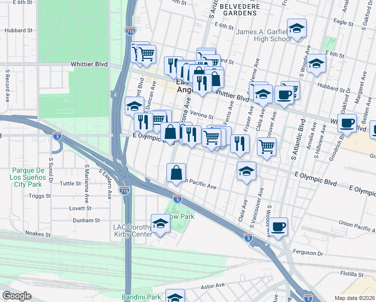 map of restaurants, bars, coffee shops, grocery stores, and more near 4730 East Olympic Boulevard in East Los Angeles