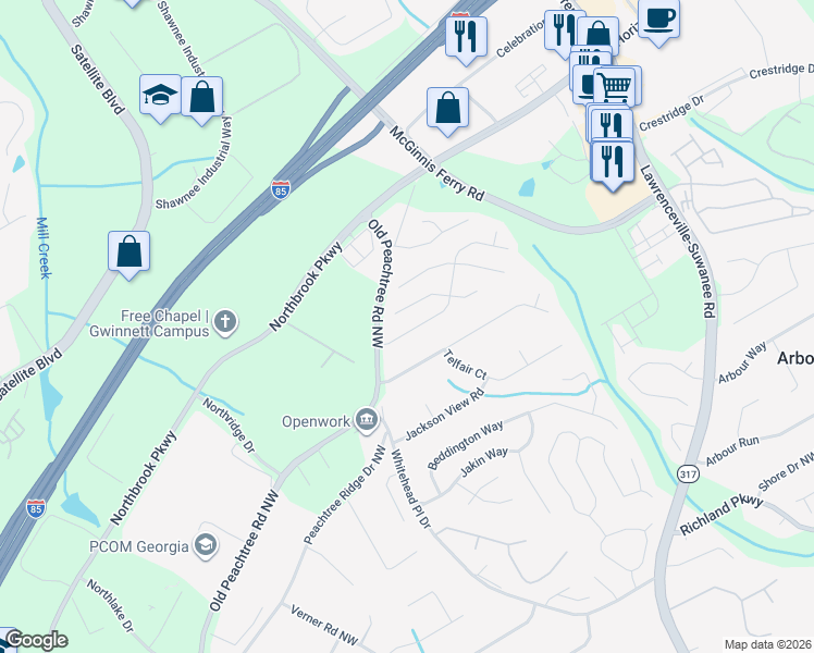 map of restaurants, bars, coffee shops, grocery stores, and more near 2842 Manor Glen Lane Northwest in Suwanee