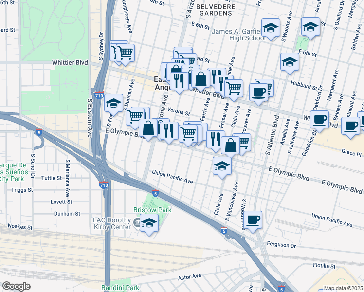 map of restaurants, bars, coffee shops, grocery stores, and more near E Olympic Blvd & S Fetterly Ave in East Los Angeles