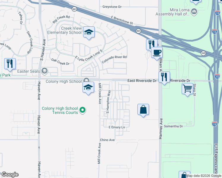 map of restaurants, bars, coffee shops, grocery stores, and more near 3057 South Hampton Way in Ontario