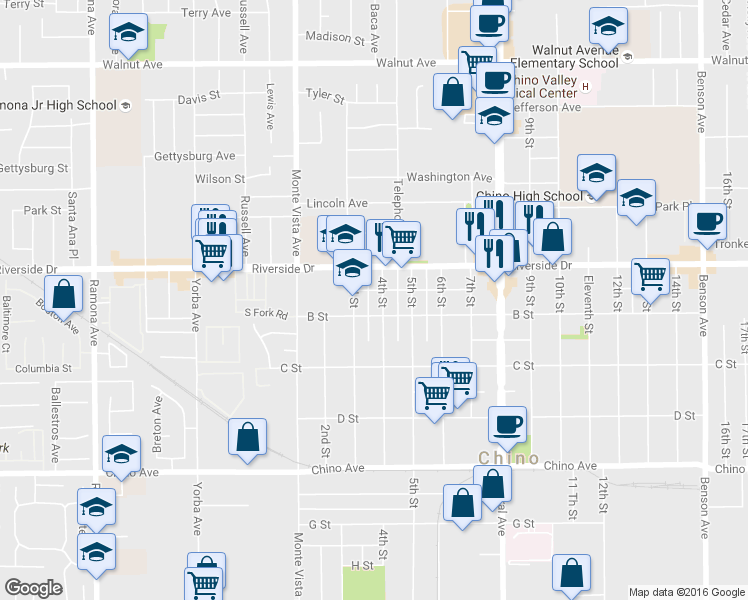 map of restaurants, bars, coffee shops, grocery stores, and more near 12966 Fourth Street in Chino