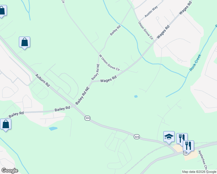 map of restaurants, bars, coffee shops, grocery stores, and more near 3817 Wages Road in Auburn