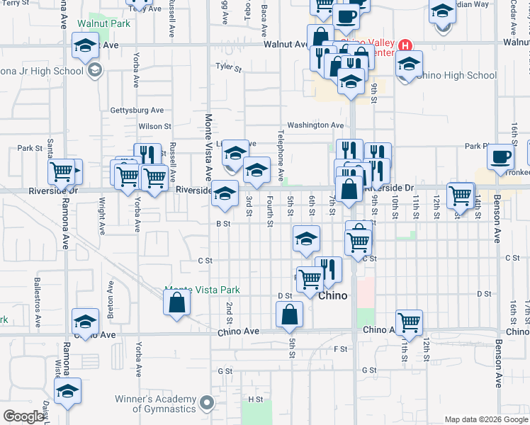 map of restaurants, bars, coffee shops, grocery stores, and more near 12966 Fourth Street in Chino