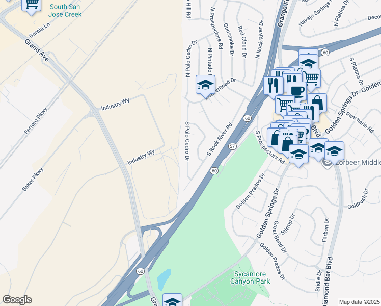 map of restaurants, bars, coffee shops, grocery stores, and more near 325 Eagle Nest Drive in Diamond Bar