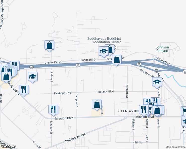 map of restaurants, bars, coffee shops, grocery stores, and more near 3865 Fox Tail Lane in Riverside