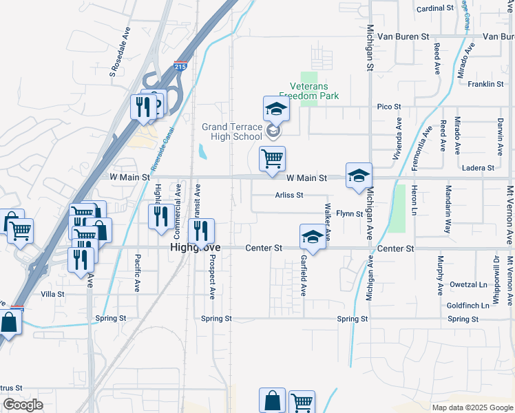 map of restaurants, bars, coffee shops, grocery stores, and more near 823 Flynn Street in Riverside