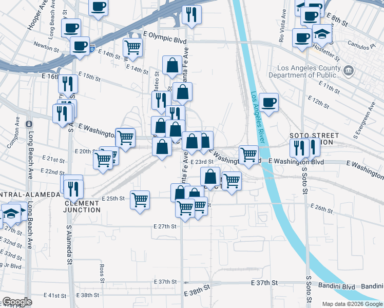 map of restaurants, bars, coffee shops, grocery stores, and more near 2423 East 23rd Street in Vernon