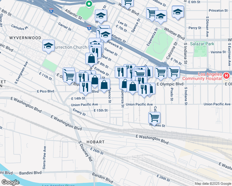 map of restaurants, bars, coffee shops, grocery stores, and more near 3534 East Olympic Boulevard in Los Angeles