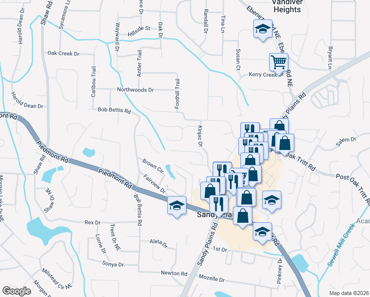 map of restaurants, bars, coffee shops, grocery stores, and more near 2724 Ashbury Point Lane in Marietta