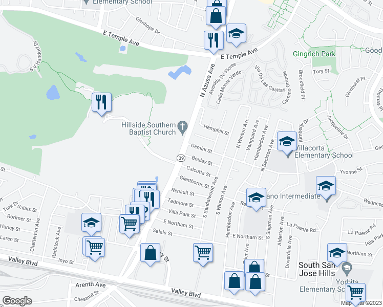 map of restaurants, bars, coffee shops, grocery stores, and more near 17413 Boulay Street in La Puente