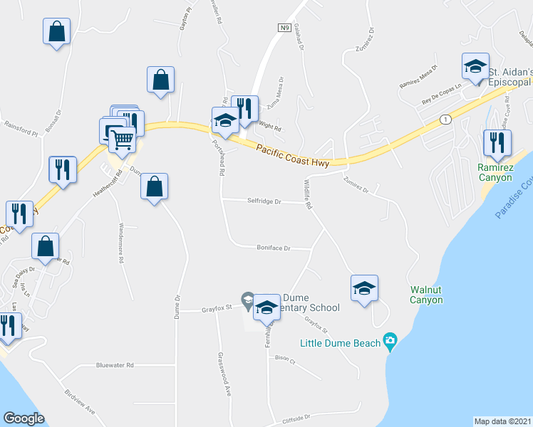 map of restaurants, bars, coffee shops, grocery stores, and more near 28870 Selfridge Drive in Malibu