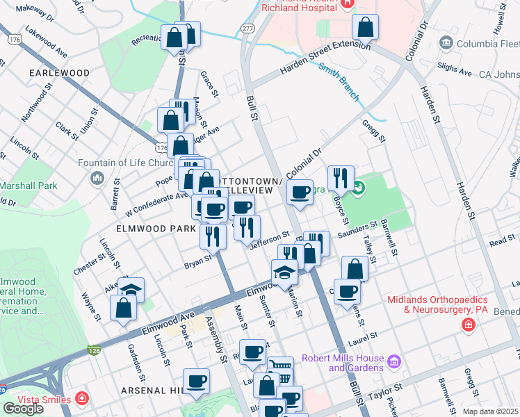 map of restaurants, bars, coffee shops, grocery stores, and more near 1413 Franklin Street in Columbia