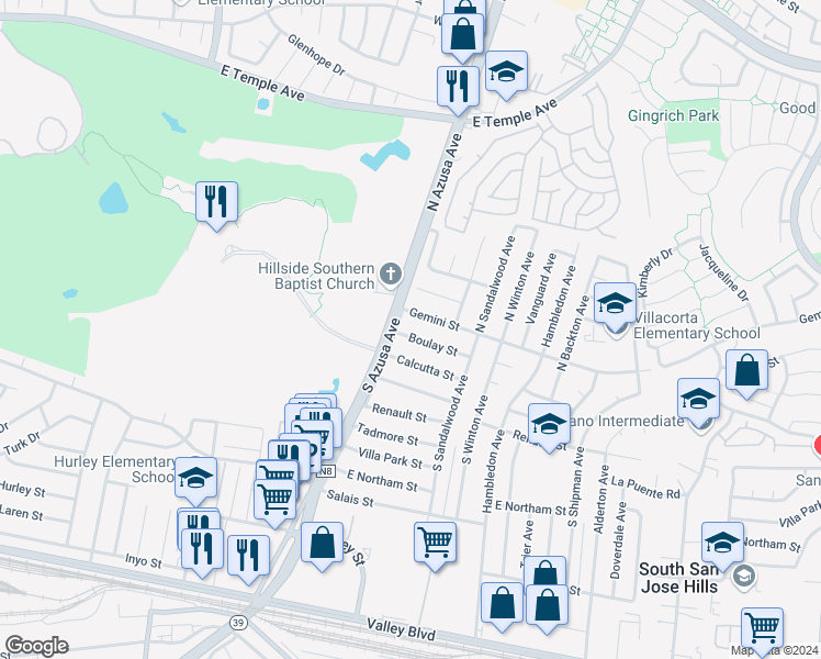 map of restaurants, bars, coffee shops, grocery stores, and more near 17413 Boulay Street in La Puente