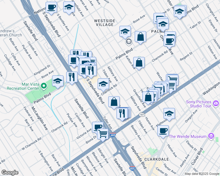 map of restaurants, bars, coffee shops, grocery stores, and more near 3565 Tilden Avenue in Los Angeles