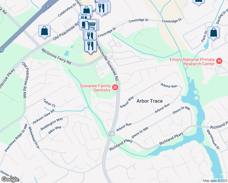 map of restaurants, bars, coffee shops, grocery stores, and more near 387 Danville Avenue in Suwanee