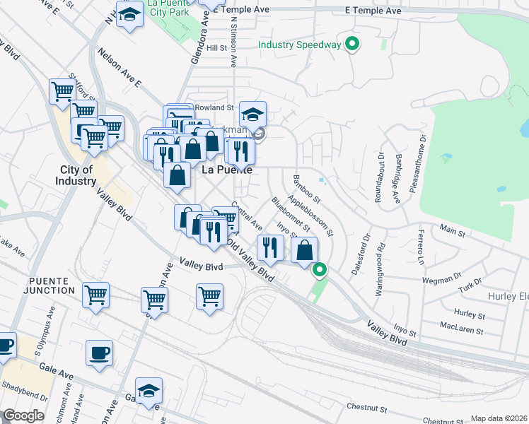 map of restaurants, bars, coffee shops, grocery stores, and more near 226 Shay Avenue in La Puente