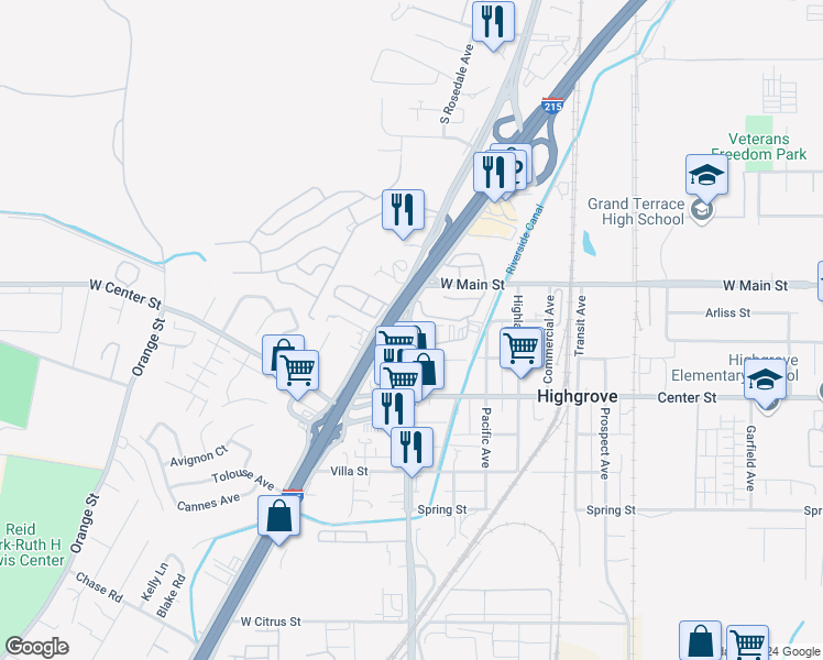 map of restaurants, bars, coffee shops, grocery stores, and more near 120 Iowa Avenue in Riverside