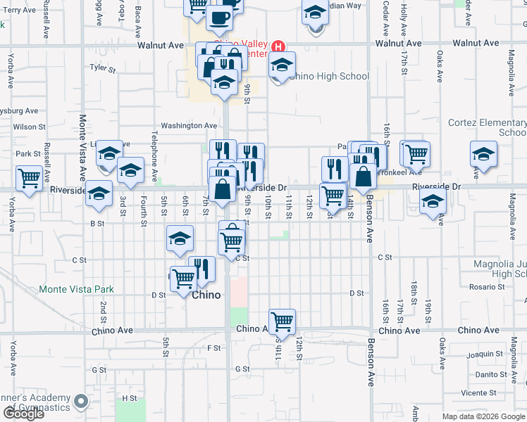 map of restaurants, bars, coffee shops, grocery stores, and more near 12932 10th Street in Chino