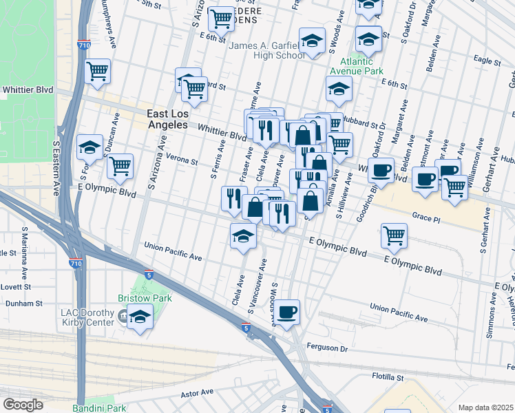 map of restaurants, bars, coffee shops, grocery stores, and more near 1036 Clela Avenue in East Los Angeles