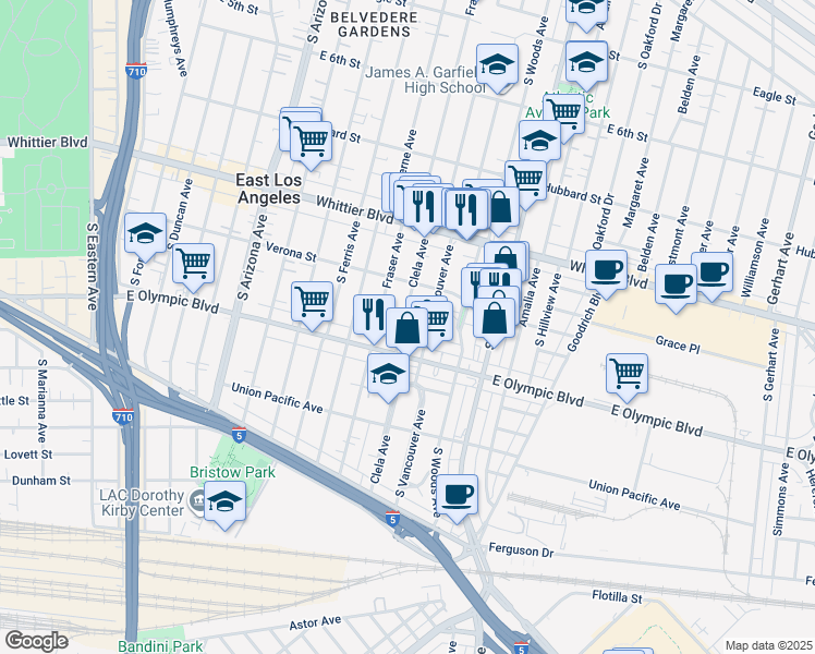 map of restaurants, bars, coffee shops, grocery stores, and more near 1036 Clela Avenue in East Los Angeles
